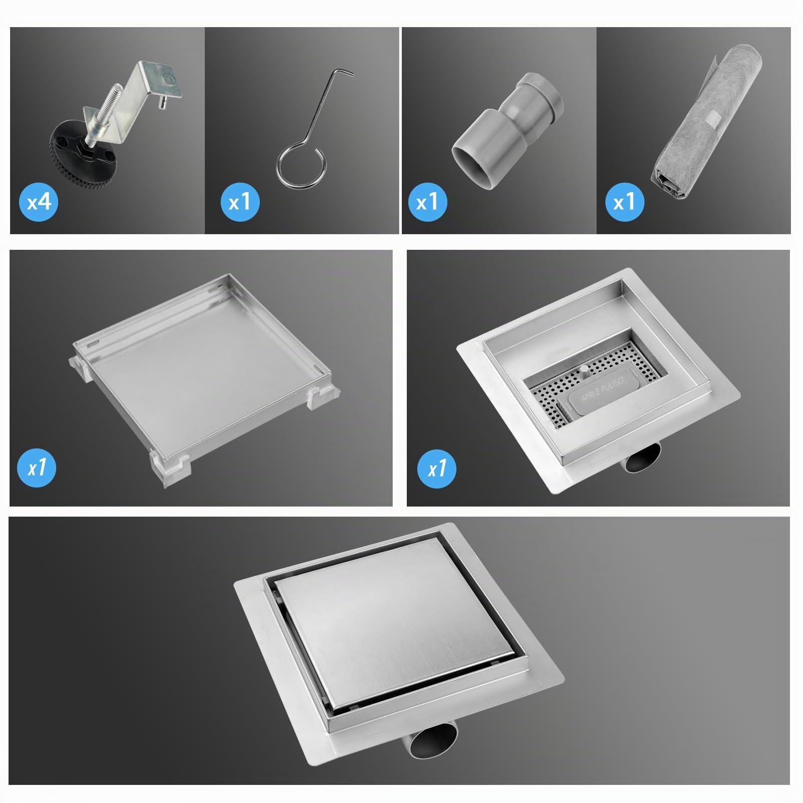 Canalina per Doccia Quadrata 15 x 15 cm 2 in 1 Inox Scarico Doccia | Filtro Antiodore e Filtro per Capelli,Canalina Doccia Filo Pavimento,Inseribile Piastrelle,Scarico Rapido,Facile da Pulire