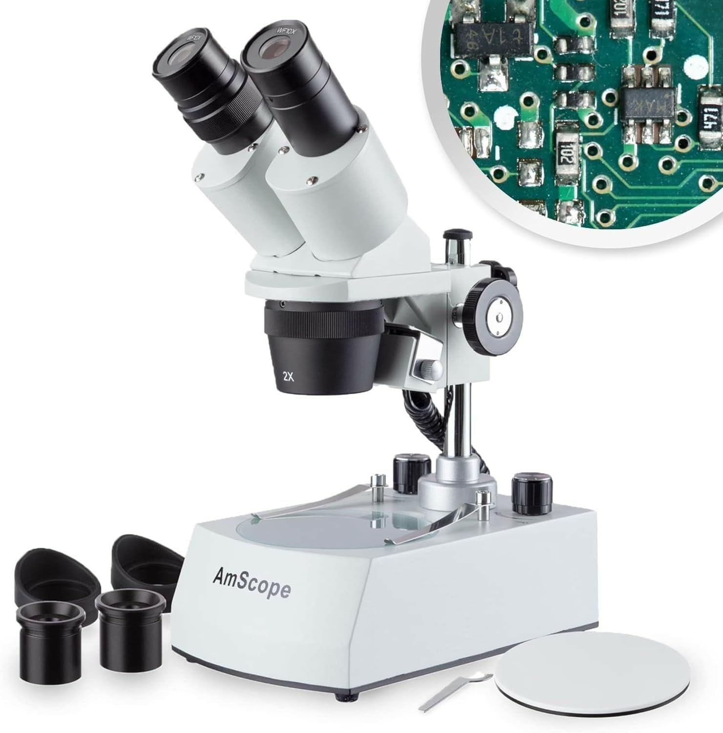 SE306R-PZ-LED Forward-Mounted Binocular Stereo Microscope, WF10x and WF20x Eyepieces, 20X/40X/80X Magnification, 2X and 4X Objectives, Upper and Lower LED Lighting, Reversible Black/White Stage Plate, Pillar Stand, 120V or Battery-Powered