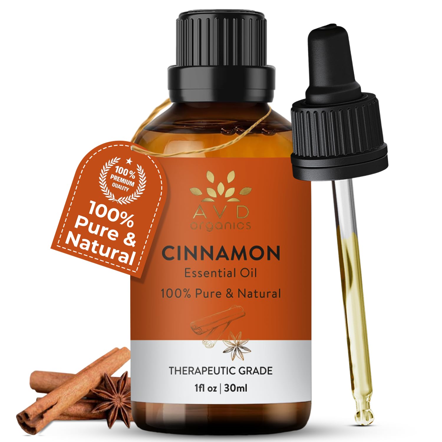 AVD ORGANICS Cinnamon Essential Oil 30ml | 100% Pure & Natural | UNDILUTED Therapeutic Grade | Perfect for Aromatherapy Relaxation Skin Care & More |1 fl. Oz