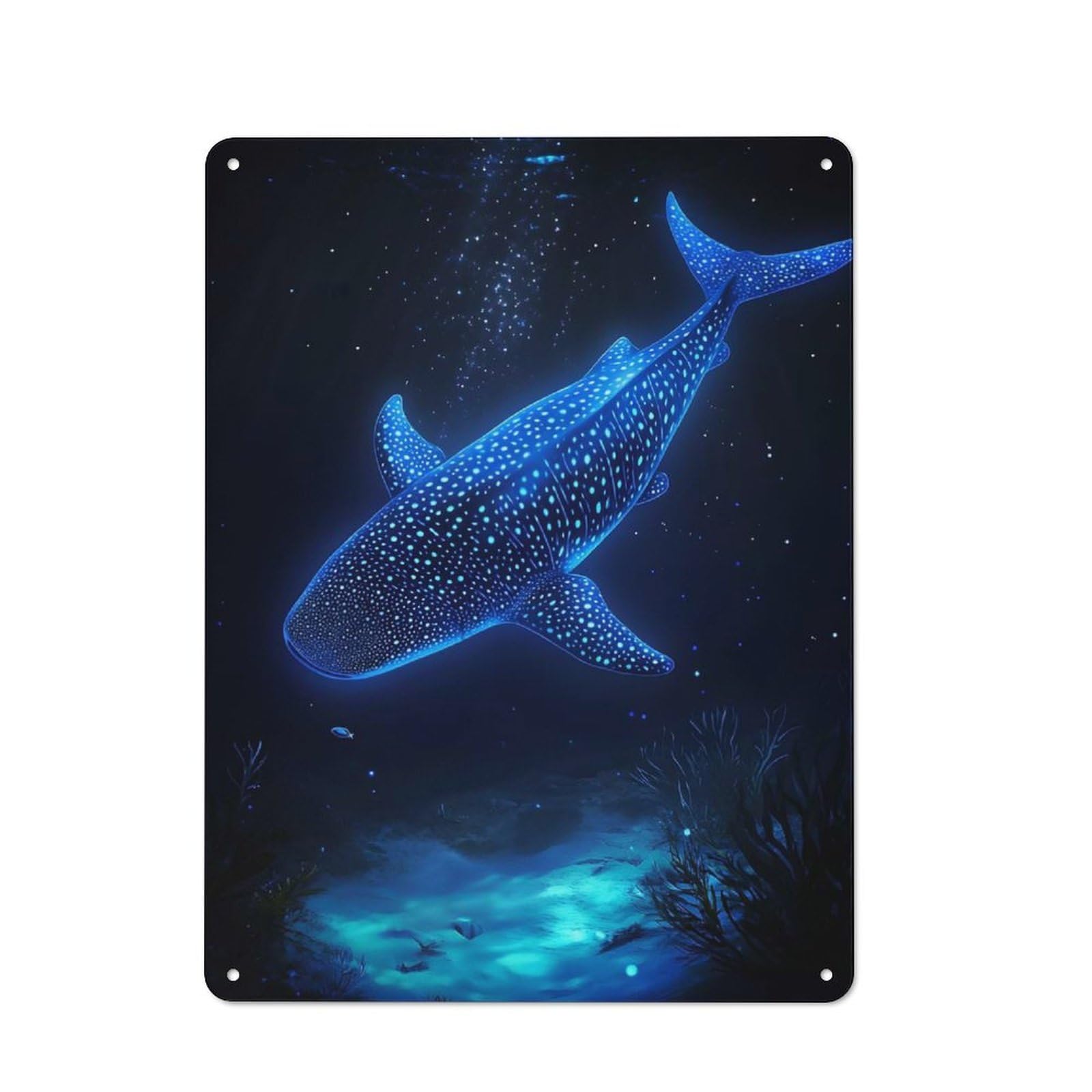 Junmoney Style-7 Metal Plaque 40X30cm With Glowing Whale Shark In Deep Blue Sea For Hallway Wall, Rustic Decor, A Metal Wall Feature For Hallways And Entrance Areas