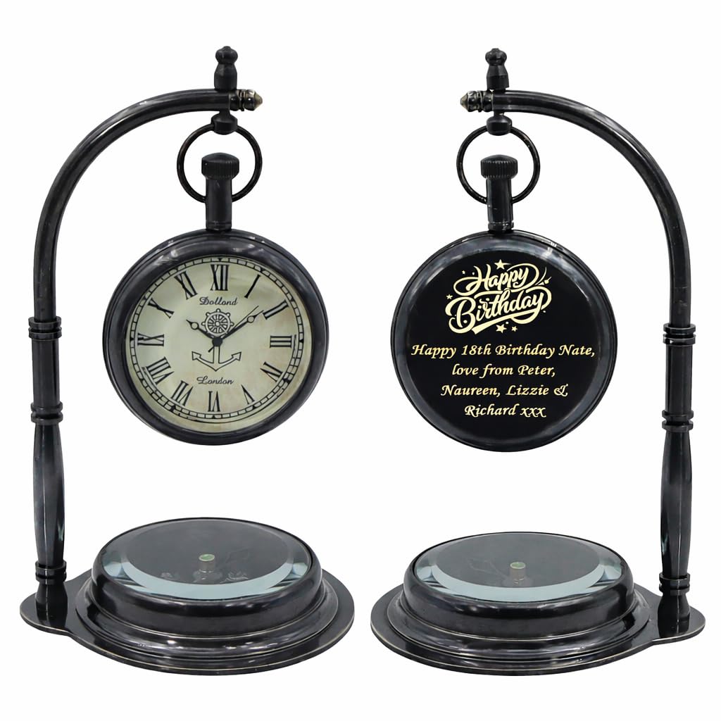 DOLLOND & CO. Personalised Desk Clock with Compass Base – Engraved Vintage Style Table Clock Ornament – Retirement, Birthday, Anniversary & Baptism Gift – Black Metal Home & Office Decor