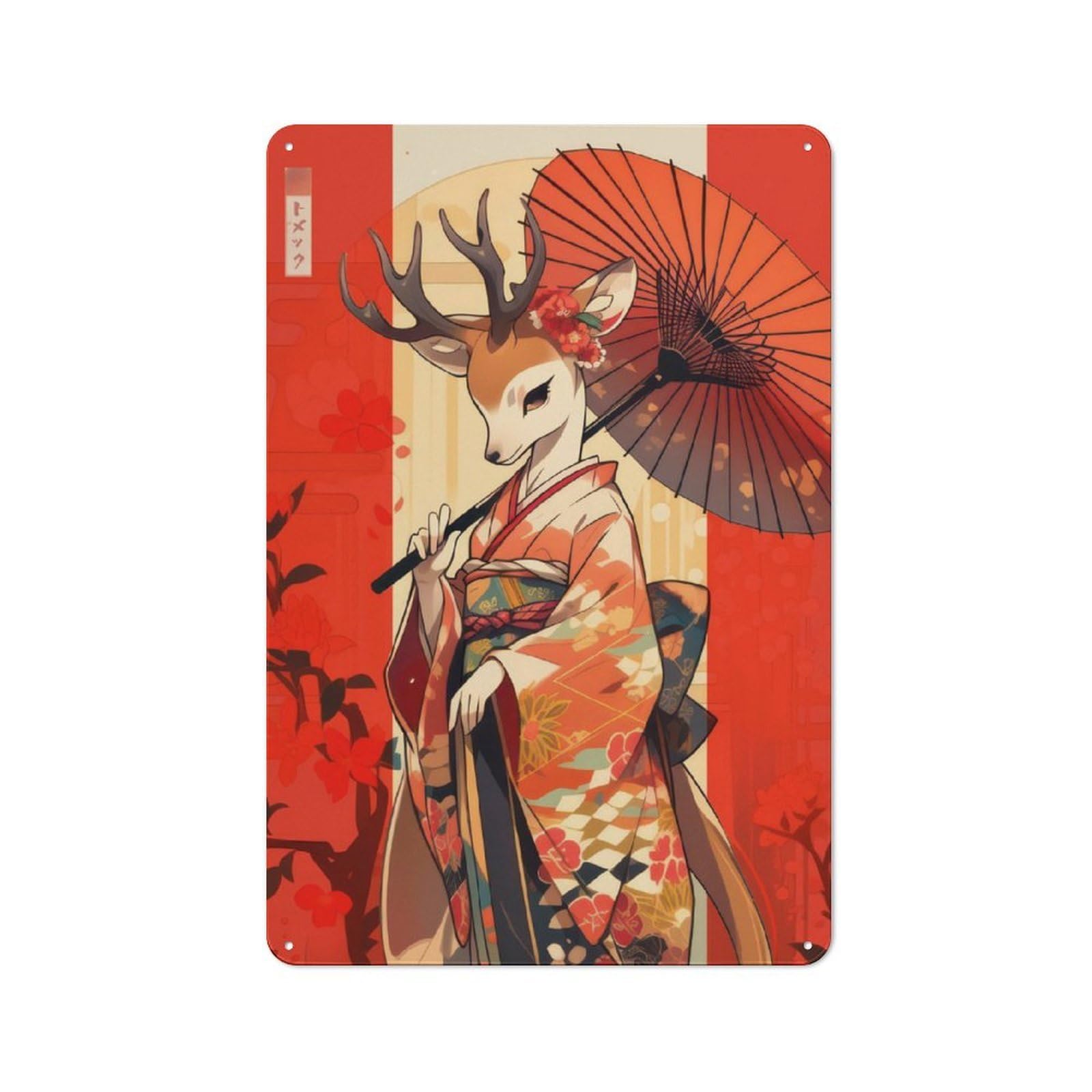 Junmoney Deer Geisha With Umbrella Metal Wall Sign 30X20cm Featuring For Pub Or Café, For Pub Decor Enthusiasts, For Retro Home Interiors