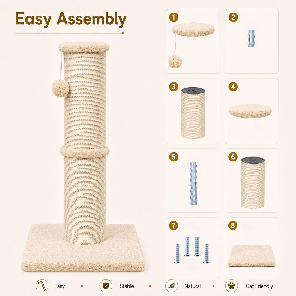 PAWSCRAT Tiragraffi per gatti alto 81 cm, diametro 14 cm, in sisal naturale, resistente ai graffi e durevole, per gatti interni, protegge i tuoi mobili, beige