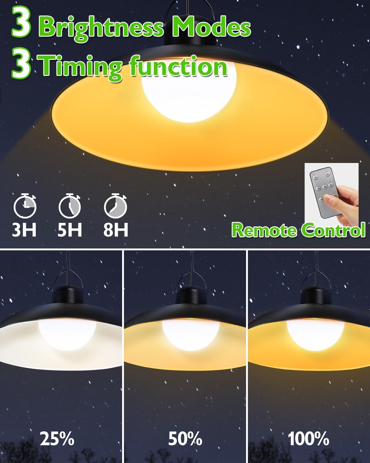 Solar Pendant Light Outdoor, LED Shed Light with Remote Control, IP65 Waterproof, 3 Brightness Levels, Hanging Chicken Coop Light for Barn, Gazebo, Patio, Shop, Garage, Outside (Black - 2 Light)