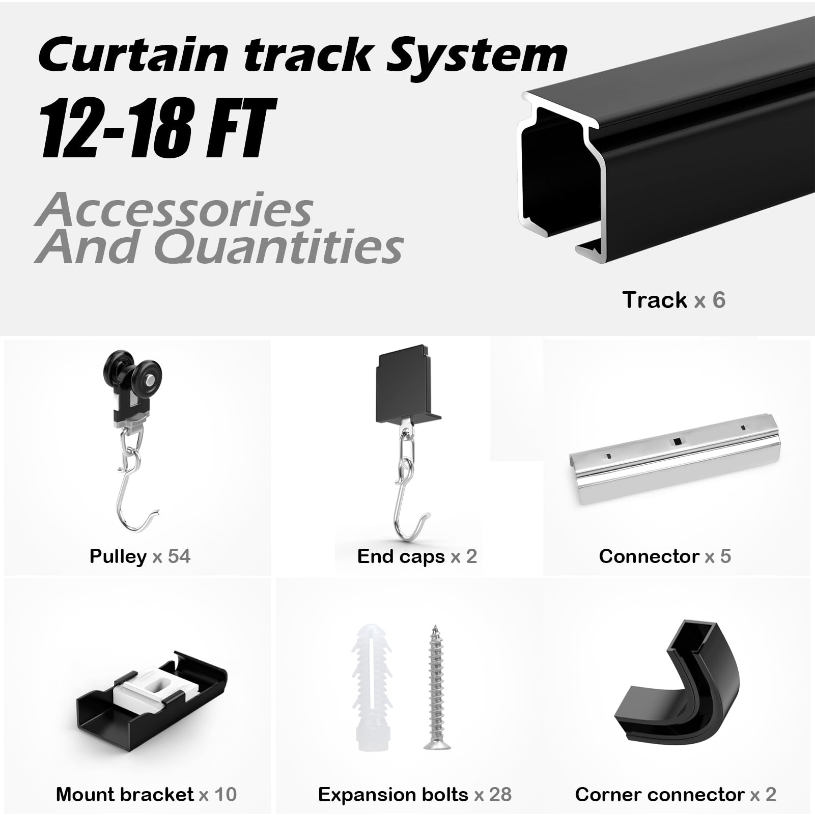 Room divider Ceiling Track set for Curtains with hooks, Corner Connectors(Set of 2) and top brackets Curtain Rail System (12-18 ft Track Set) Black