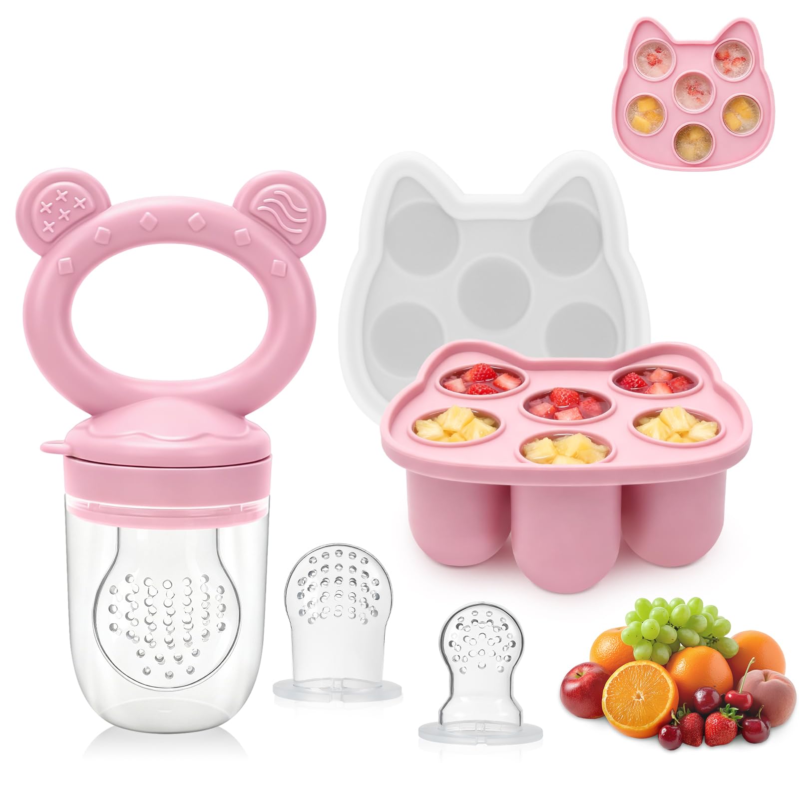 MR.TIMELAG Silicone Baby Fruit Feeder Pacifier & Popsicle Molds – Breastmilk Popsicle Molds for Baby Cooling Relief, Teething Relief, Includes 3 Extra Pacifiers, BPA-Free (Pink)