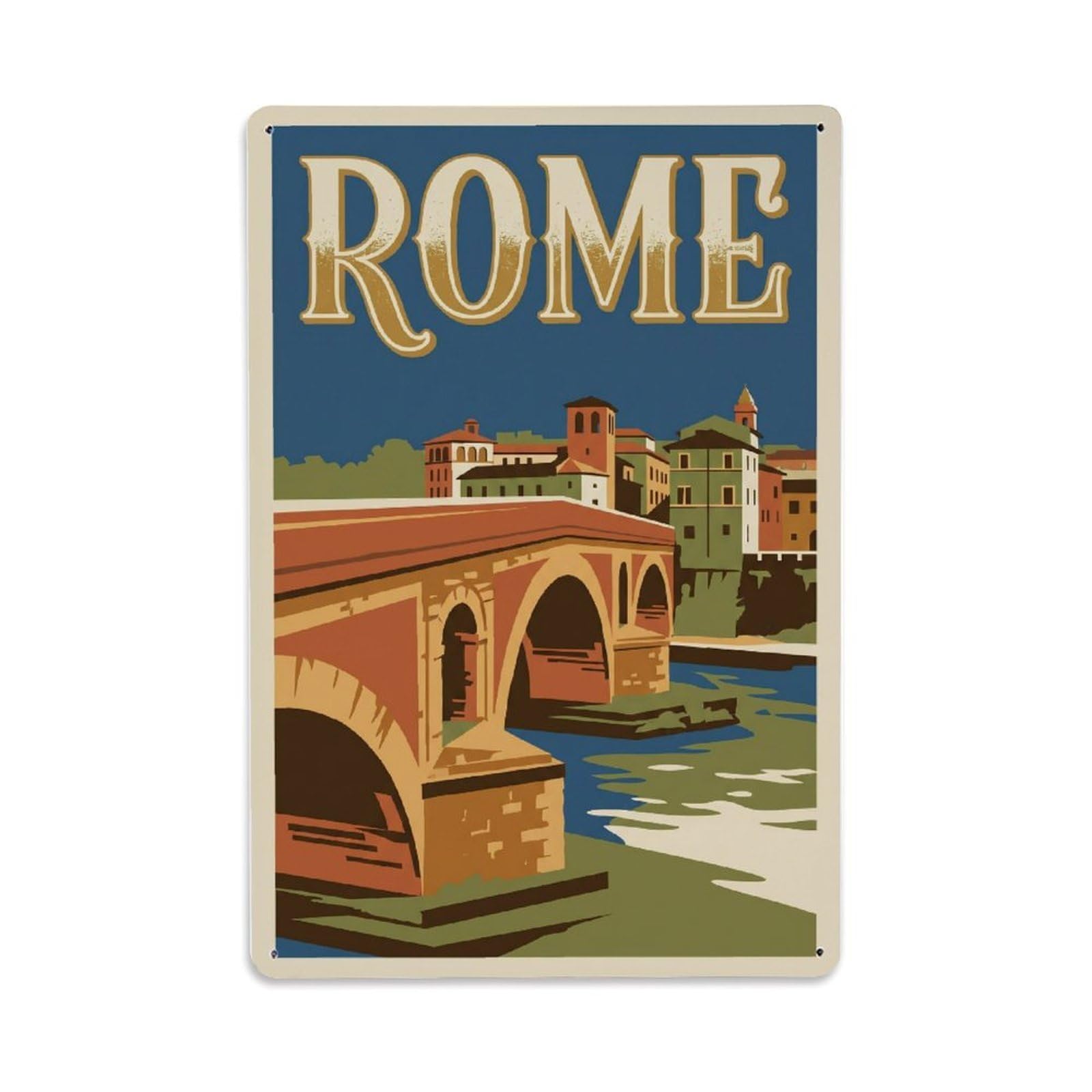 Vintage Travel Rome Ponte Fabricio Ancient Island Bridge Italy Metal Tin Sign Plaque Wall Decor for Cafe, Club Bar, Office, Home Garden Metal Poster 8x12Inch
