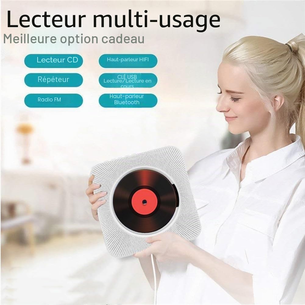 Lecteur de CD Portable de Bureau avec Bluetooth - Lecteur CD Musical Mural Multifuctional Intégré dans Les Haut-parleurs HiFi Home Mini Lecteur CD Audio Boombox avec Télécommande（Blanc）