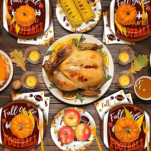 Image of 96 Pcs Football Fall Party Supplies Football and Fall Y'all Tableware Plates Napkins Rustic Football Autumn Dinnerware Table Decorations Maple Leaves Thanksgiving Holiday Party Favor for 24 Guests