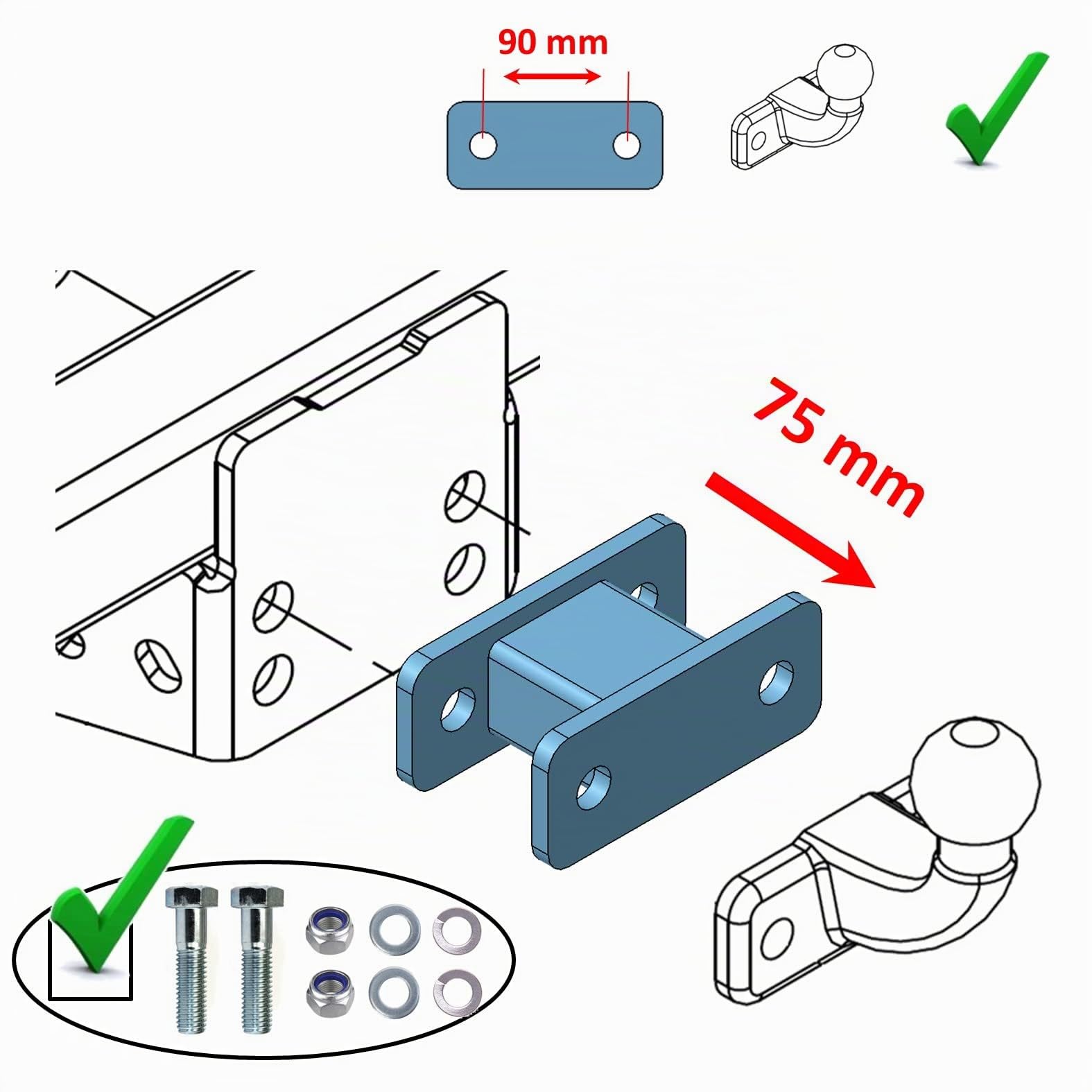 AHAKA Rallonge crochet pour tête sphérique AHK, 2 trous, espacement 90 mm, charge max 3500 kg, noir mat laqué