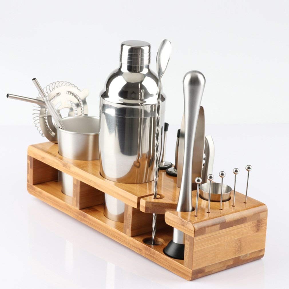 Set di strumenti per barra in acciaio inossidabile, kit shakere cocktail da 23 pezzi con rack di legno.Include Strainer, Jigger, Spoon & Muddler.Accessori di mixologia durevole per la festa delle beva