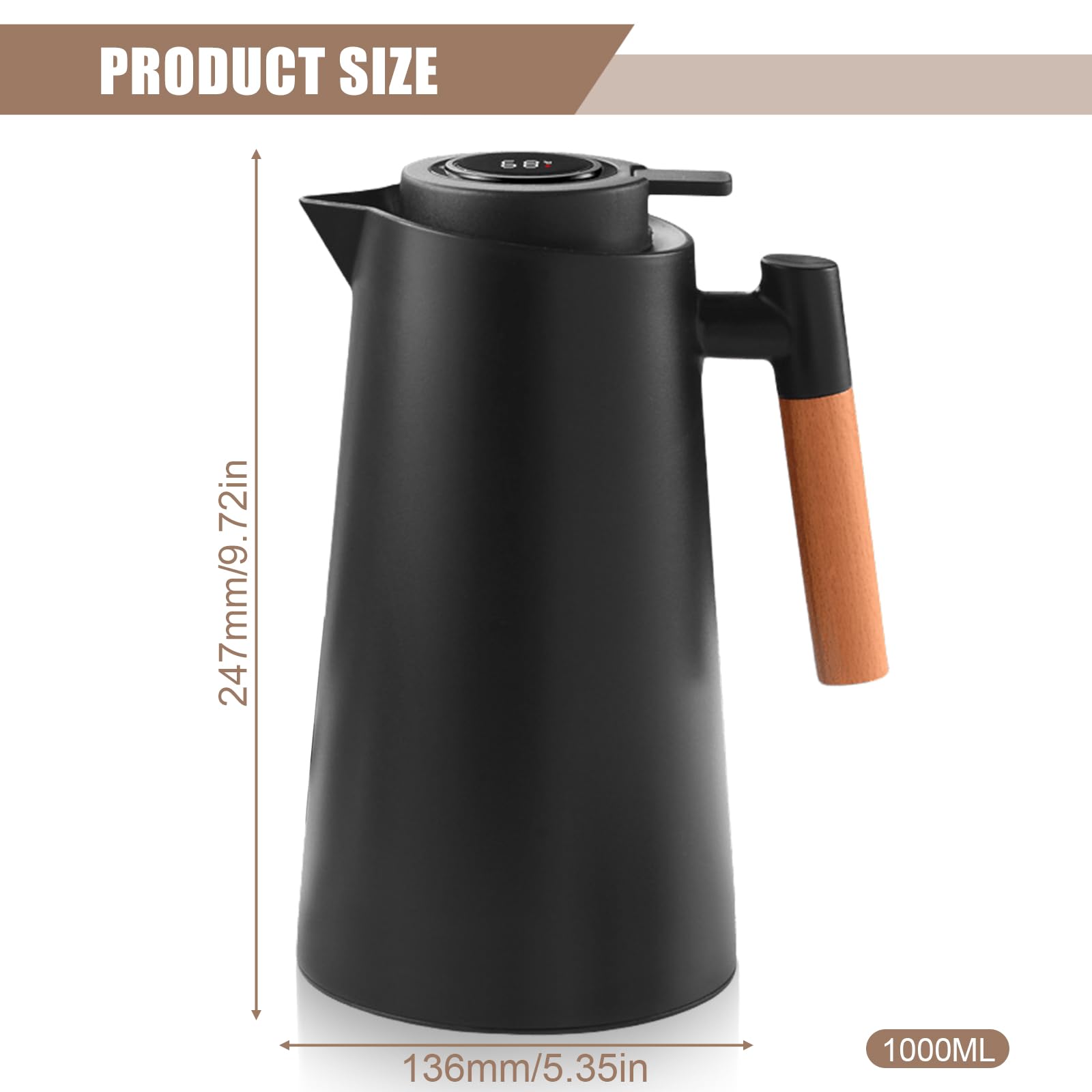 Thermoskanne 1L, Tee Thermoskanne mit Temperaturanzeige, Kaffeekanne Thermo mit Holzgriff, Isolierkanne mit Einfachem Sicherheitstaster, Teekanne Thermo, Thermosflasche Für Home Office Hotel, Schwarz