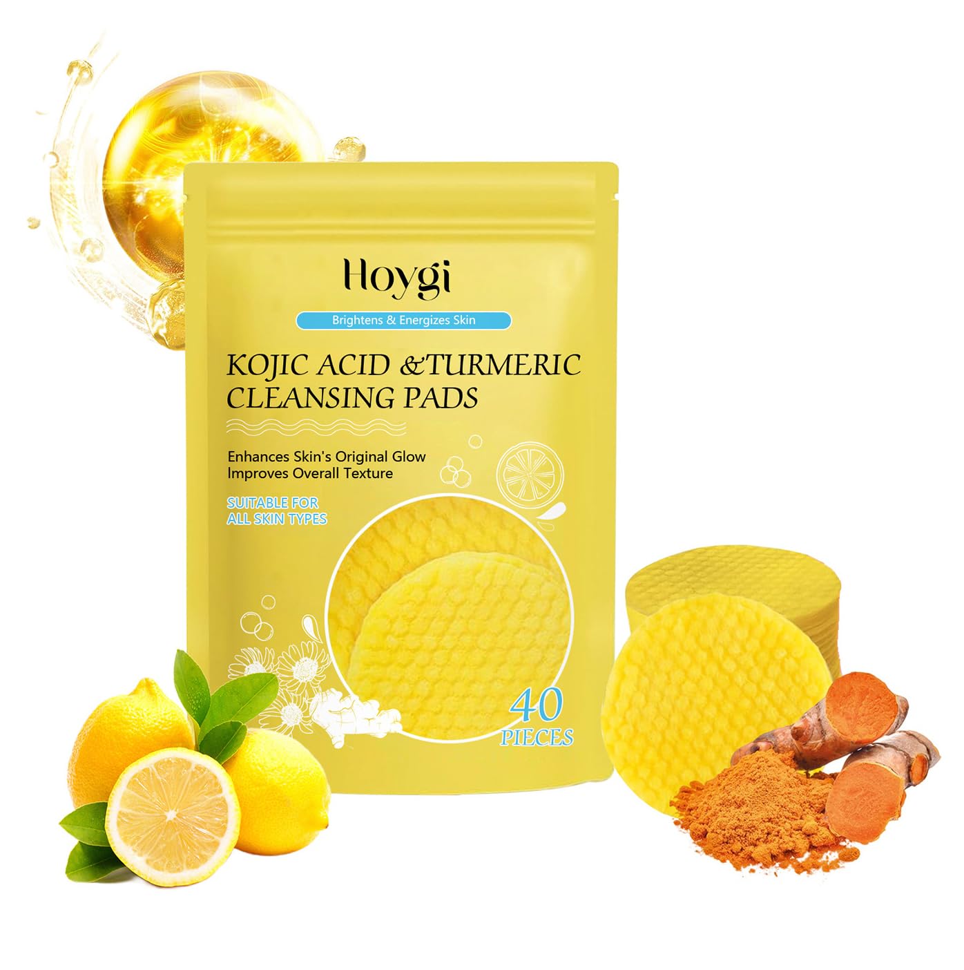 Turmeric Cleansing Pads For Dark Spots 40PCS, Kojic Acid & Turmeric Cleansing Pads, Compressed Facial Sponges for Cleansing and Exfoliating