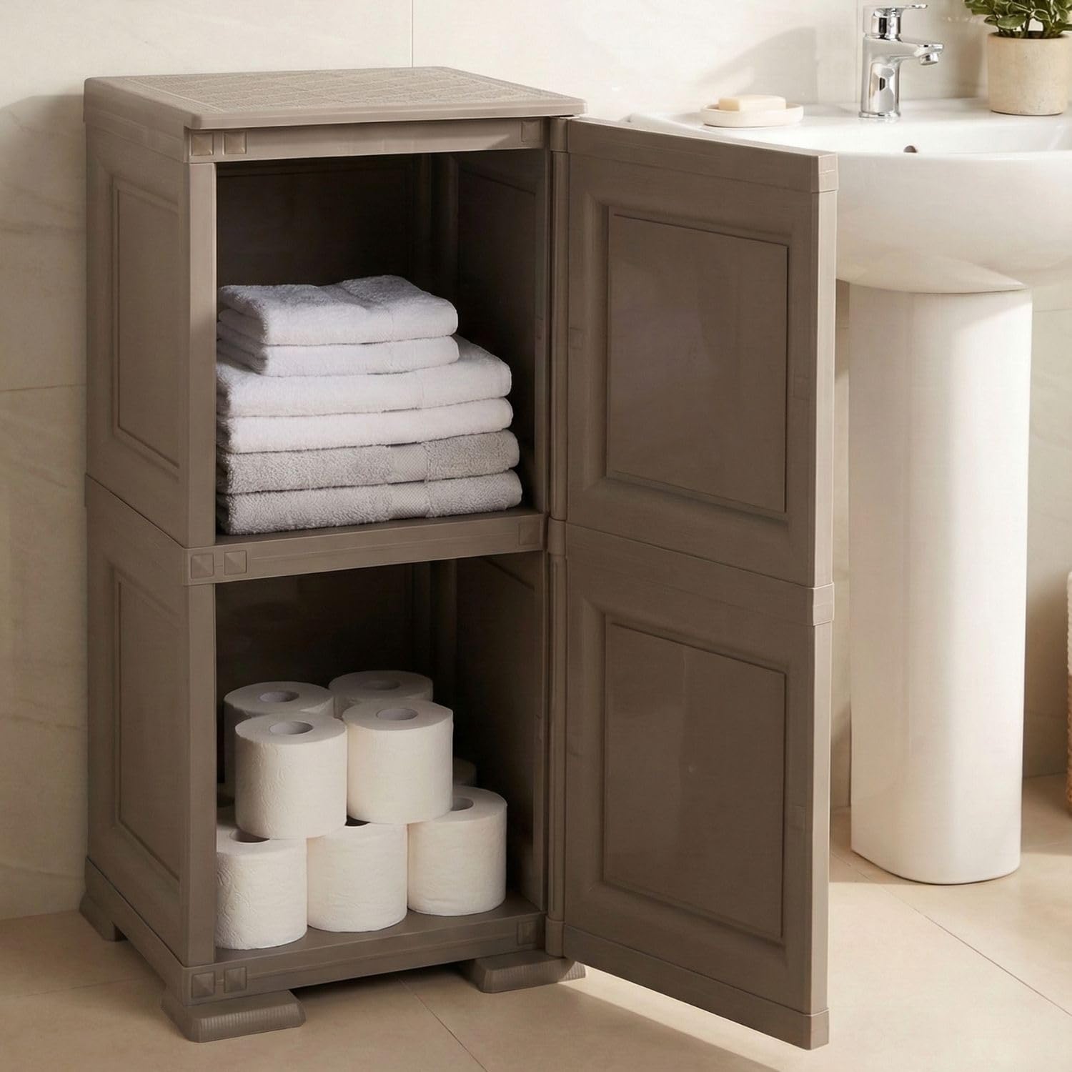 Mobile Bagno Salvaspazio 2 Ante in Plastica Wengé 40x43x85,5 cm – Armadietto Contenitore con Ripiano Interno per Asciugamani, Carta Igienica e Organizzazione Bagno (Taupe Scuro)