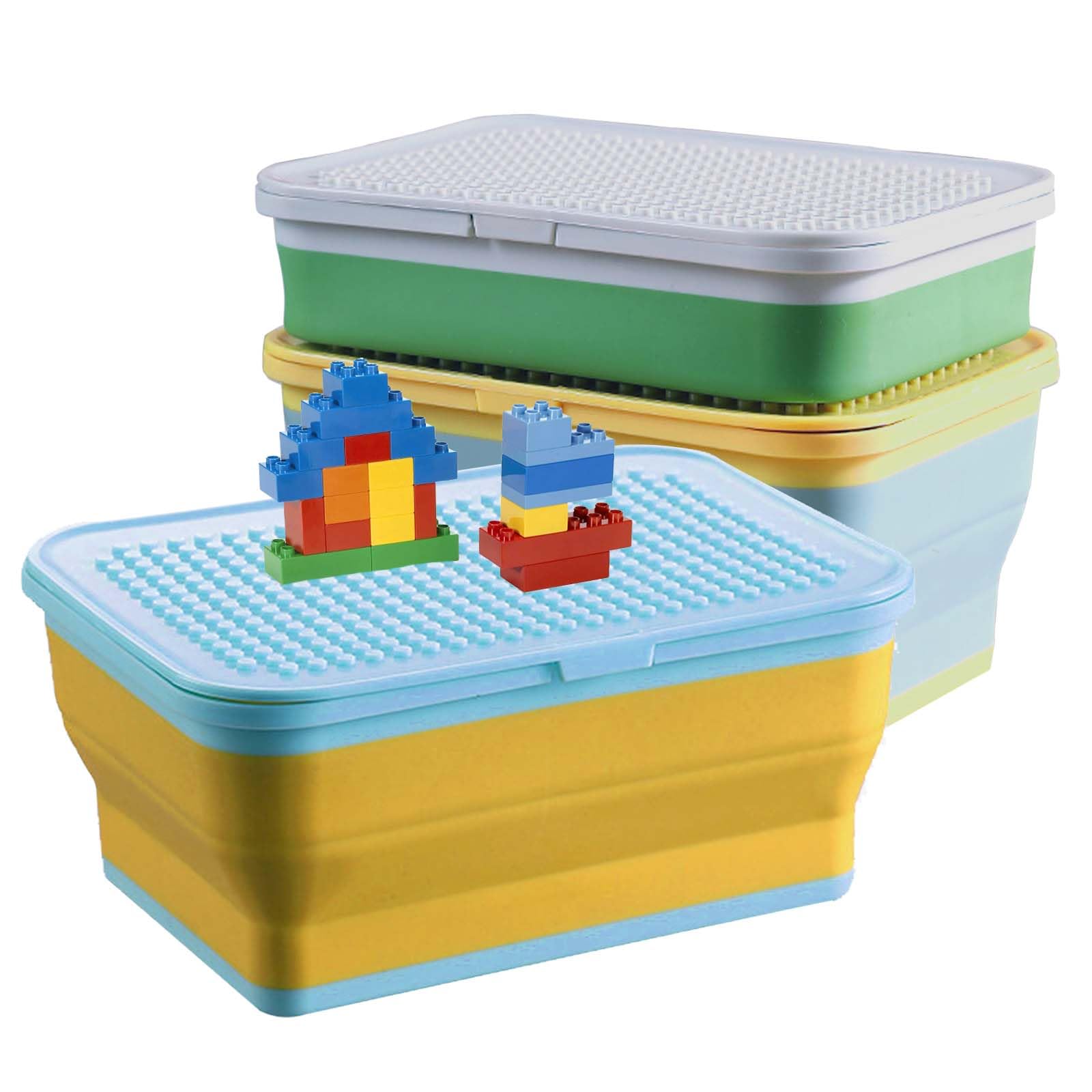 alouweekuky Juego de 3 Cajas Almacenaje con Tapa para Lego Organizadoras, plegable Caja Almacenamiento de silicona para Guardar los Juguetes de los Niños