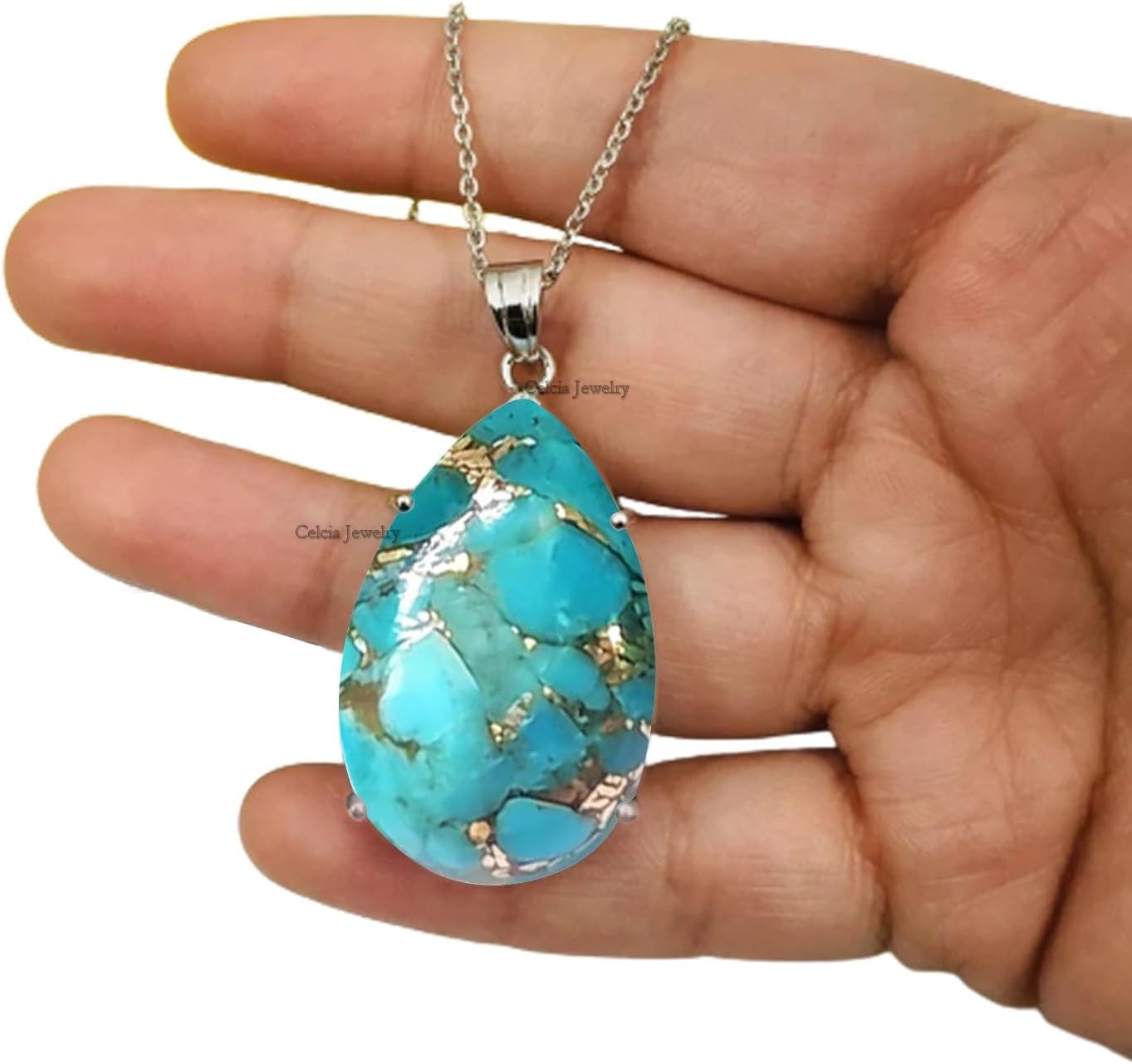 Pure 925 Sterling Silver Necklace for Women & Girls, Large Pear Gemstone Handcrafted Necklace Gift for Her, Him