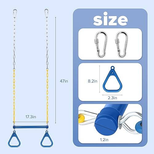 Miniatura 10 de LadyRosian Juego de anillos de barra de columpio de 17 pulgadas para gimnasio, trapecio, 47 pulgadas, accesorios con mosquetones de bloqueo, cadenas