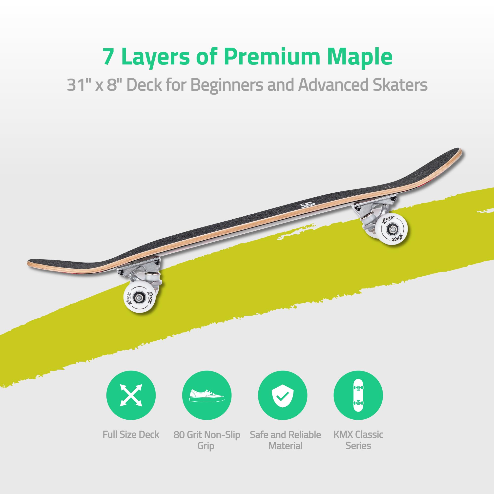 KMX Skateboard pour Débutants, Plateau Concave à Double Queue en Érable Canadien 7 Couches | Trucks en Alliage d'Alu | Skateboard Débutant pour Garçons, Filles, Adultes et Enfants