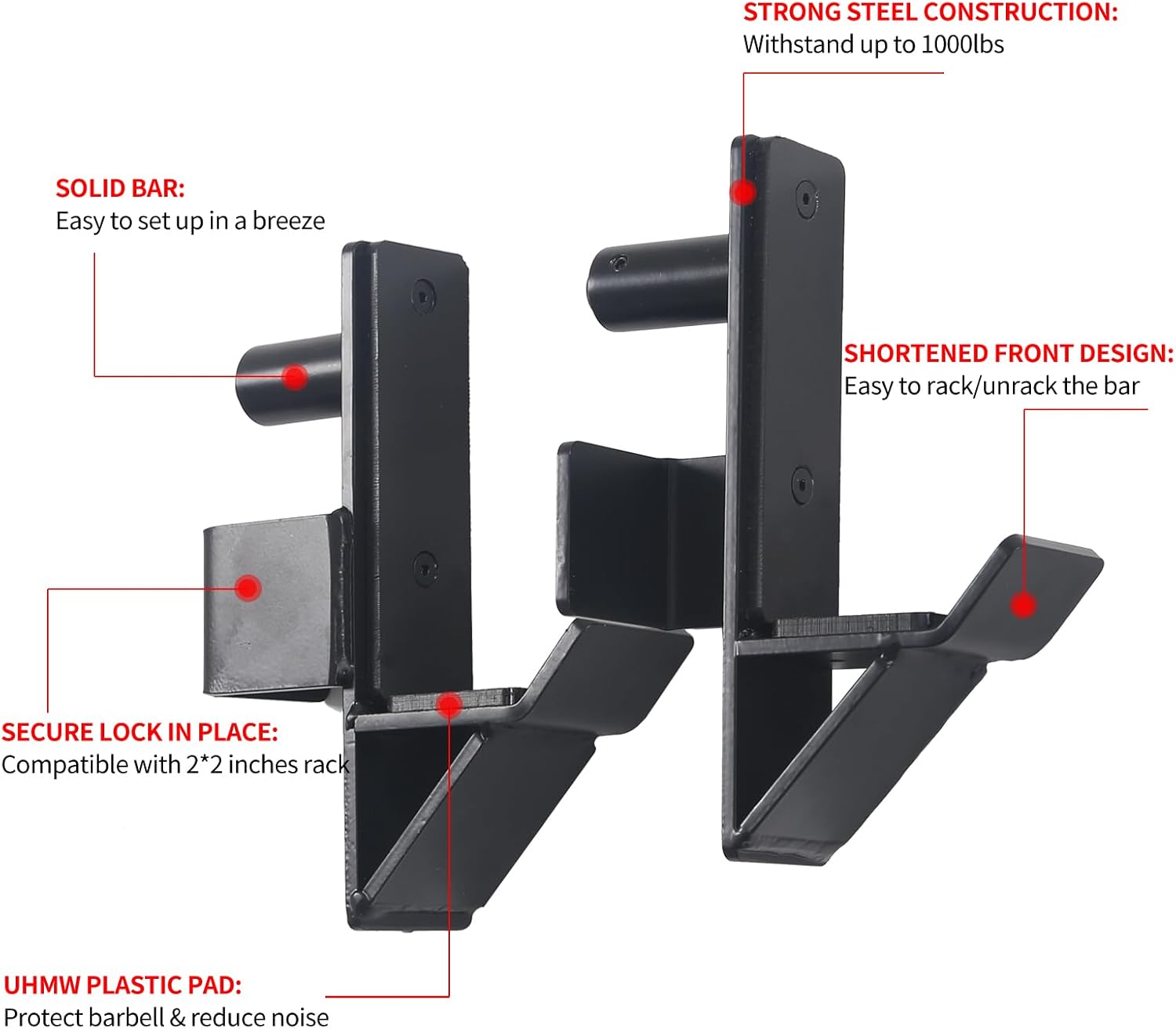 J-Hook Barbell Spotter Arm for 2" x 2" Tube Power Cage with 1" or 5/8" Hole, Dip Bar for Squat Rack,Heavy Duty Bottom Reinforced Premium Steel with 1000 LBS Capacity