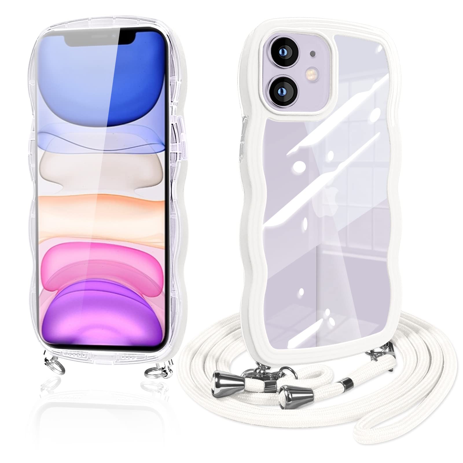 Guokaien iPhone11 用の ケース クリア ショルダー いphone11 スマホケース カバー 透明 TPU ストラップ付き 肩掛け 首掛け 紐付き 斜めがけ 創意 個性 可愛い かわいい 韓国 耐衝撃 アイフォン11(ホワイト)