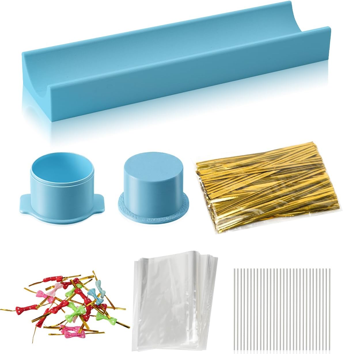 PROKITCHEN Round Cake Pop Mold Set with Tray, Circle Cake Pop Maker Cutter & Pusher, Baking Molds with Paper Sticks, Clear Treat Bags, Gold Twist Ties & Colorful Bow Ties for Home Desserts Making