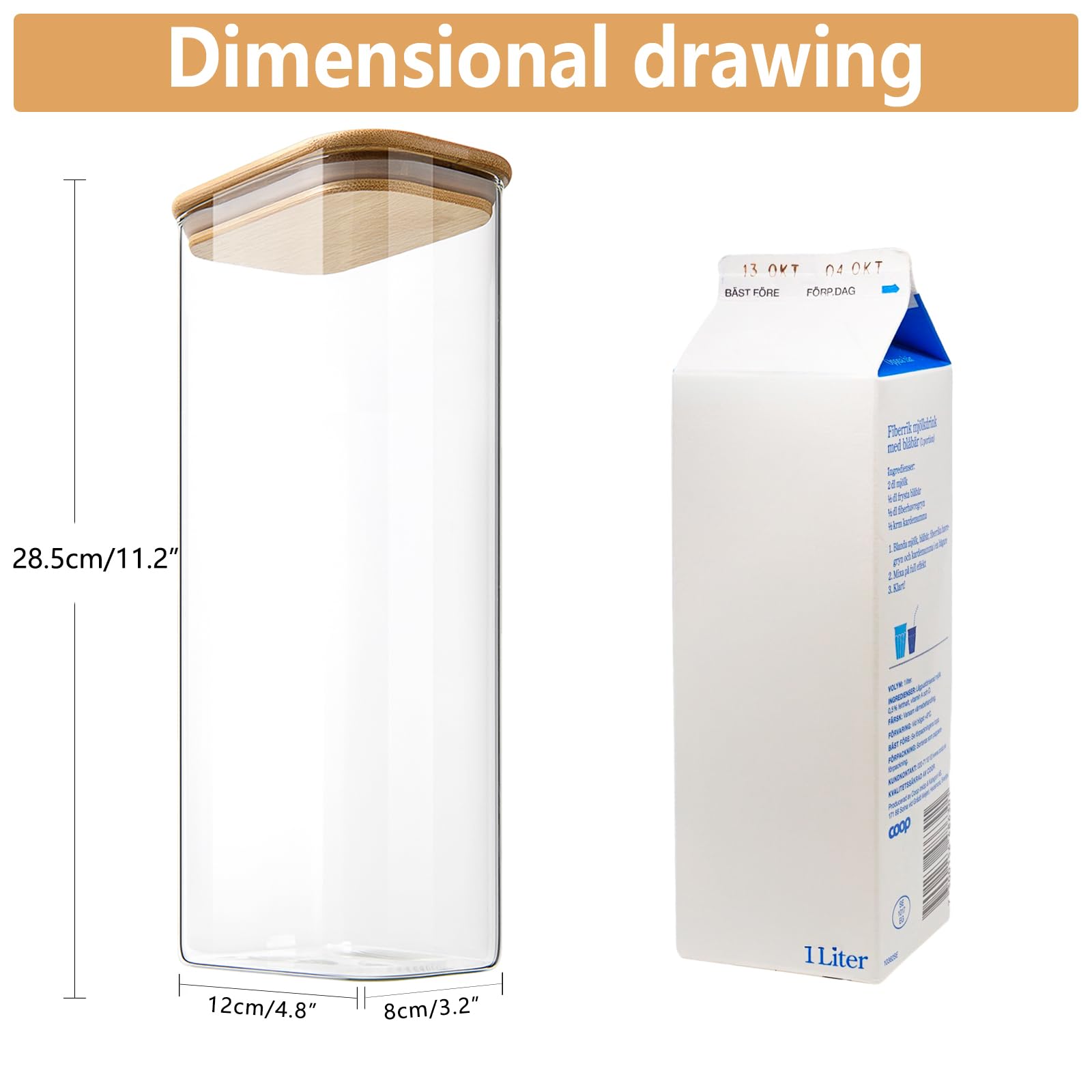 YBCPACK Juego de 4 tarros de cristal de borosilicato herméticos con tapa de 2,1 L, 2100 ml, tarros de almacenamiento cuadrados con tapa de bambú para espaguetis, judías y copos de maíz