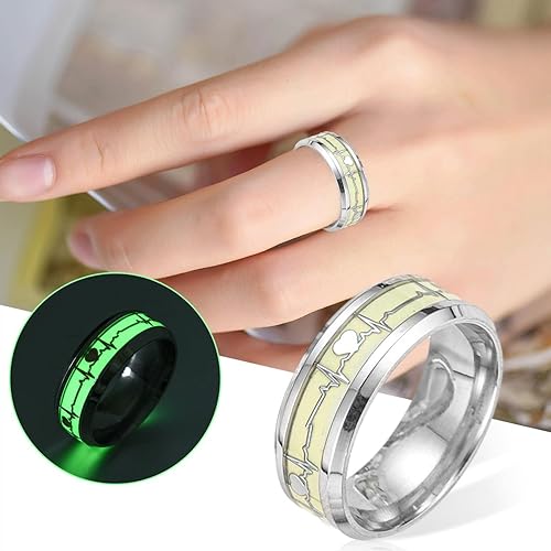 Miniatura 2 de XIAOMEIO Anillo de latido de corazón brillante, anillo de acero inoxidable con latidos oscuros y luminosos, joyería para hombres y mujeres, plata