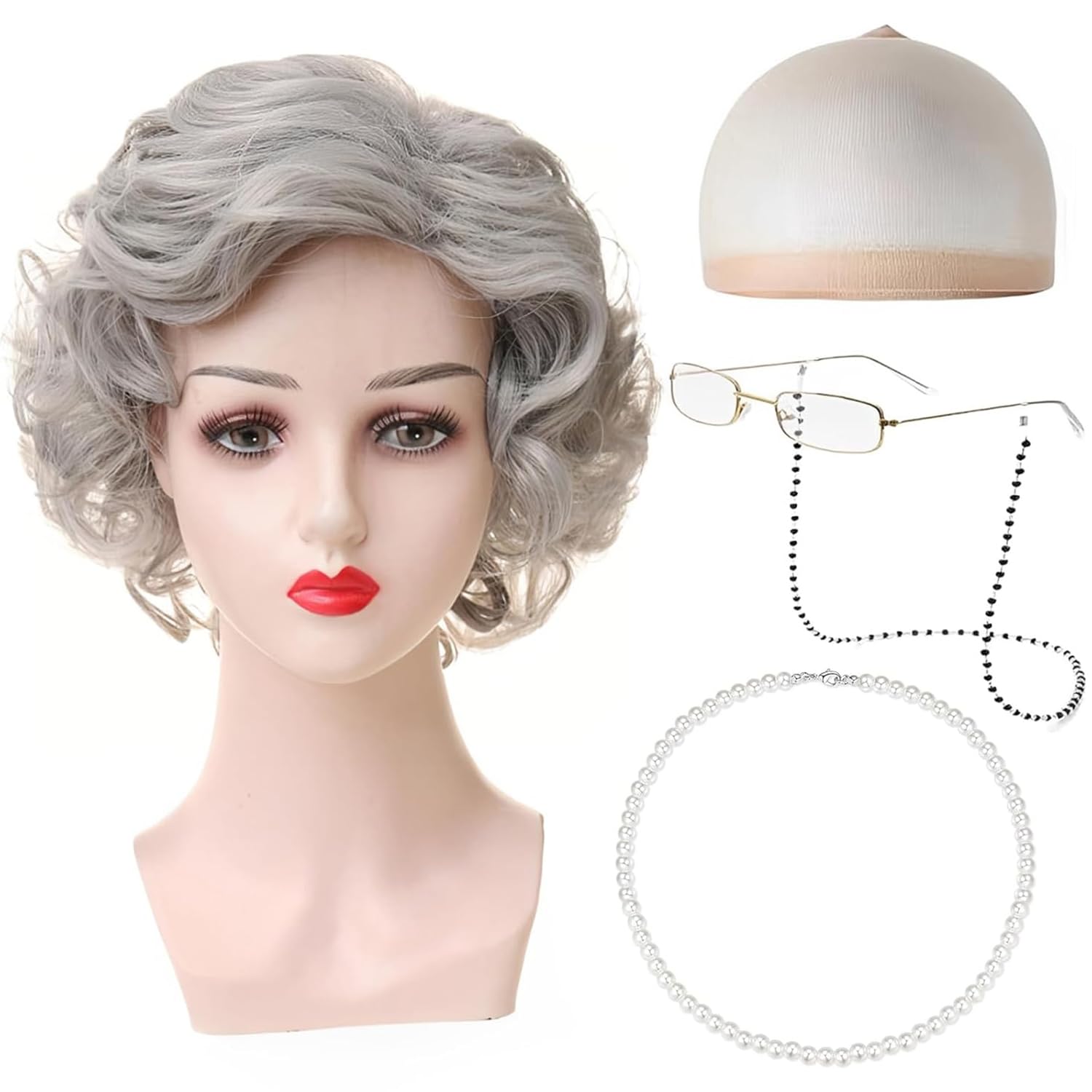 WFKKMEQ Old Lady Wig Costume, Old Lady Fancy Dress Set Granny Wig Cap Old Man Costume Accessories with Wigs, Chain Wigs Cap