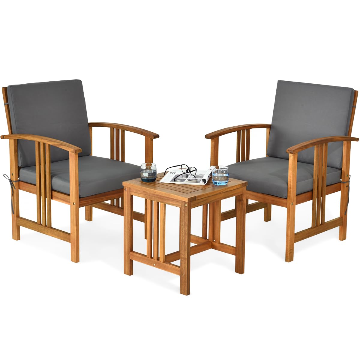 COSTWAY Conjunto Jardin Exterior de 3 Piezas, Madera de Acacia | , 2 Sillas y Mesa de Café, Cojines de Asiento y Respaldo Extraíbles, Muebles Conversación Jardin Terraza Balcon Exterior