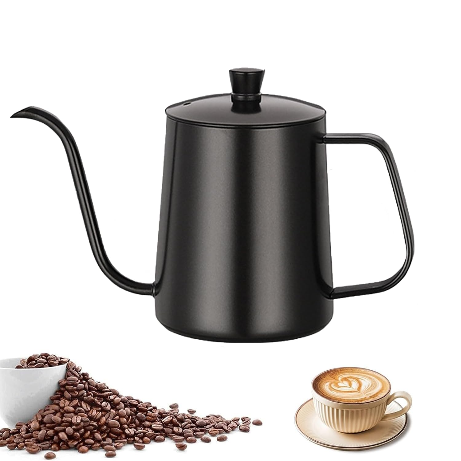 Bollitore da caffè a collo d'oca da 600 ml, in acciaio inox, con beccuccio lungo e stretto, bollitore antigoccia (nero)
