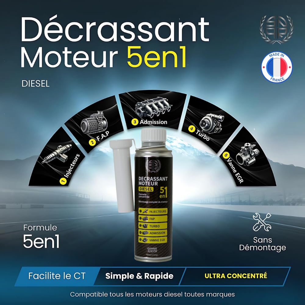 Décrassant Moteur Diesel 5en1 375mL Ultra concentré | Nettoyage Complet Injecteur, Turbo, FAP, EGR | Additif Diesel Décalaminant Moteur | Facilite Le CT | Utilisation Facile Résultat immédiat
