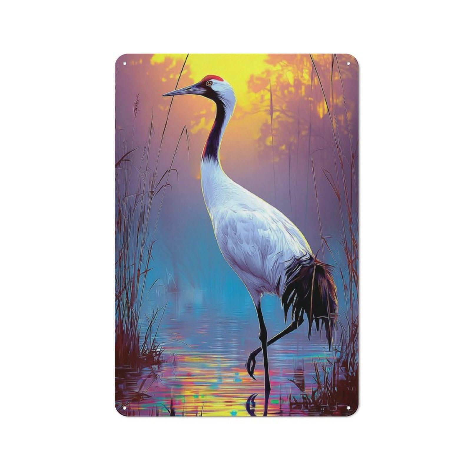 Junmoney Colorful Crane By The Lake 30X20cm Rustic Metal Sign With For Guest Room Or Hallway, For Vintage Wall Decor Fans, For Metal Sign Collectors