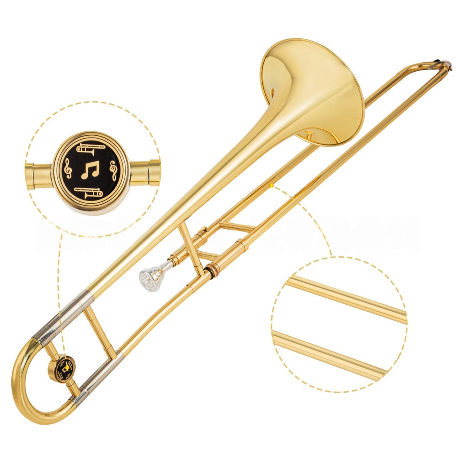 Trombone E per principianti, soffiatore in lamiera di alta qualità per un'eccellente qualità del suono e design ergonomico per studenti di musica, trombone leggero