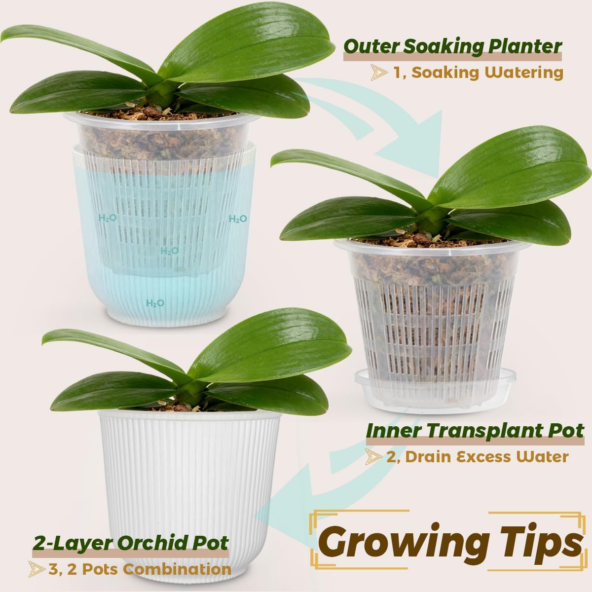 MUZHI Double Layer Orchid Pots Set of 6 for Repotting 5.4” , Inner Clear Mesh Slotted Orchid Planters with Drain Tray , Matched Decorative Plastic Orchid Container For Indoor Outdoor Growing White