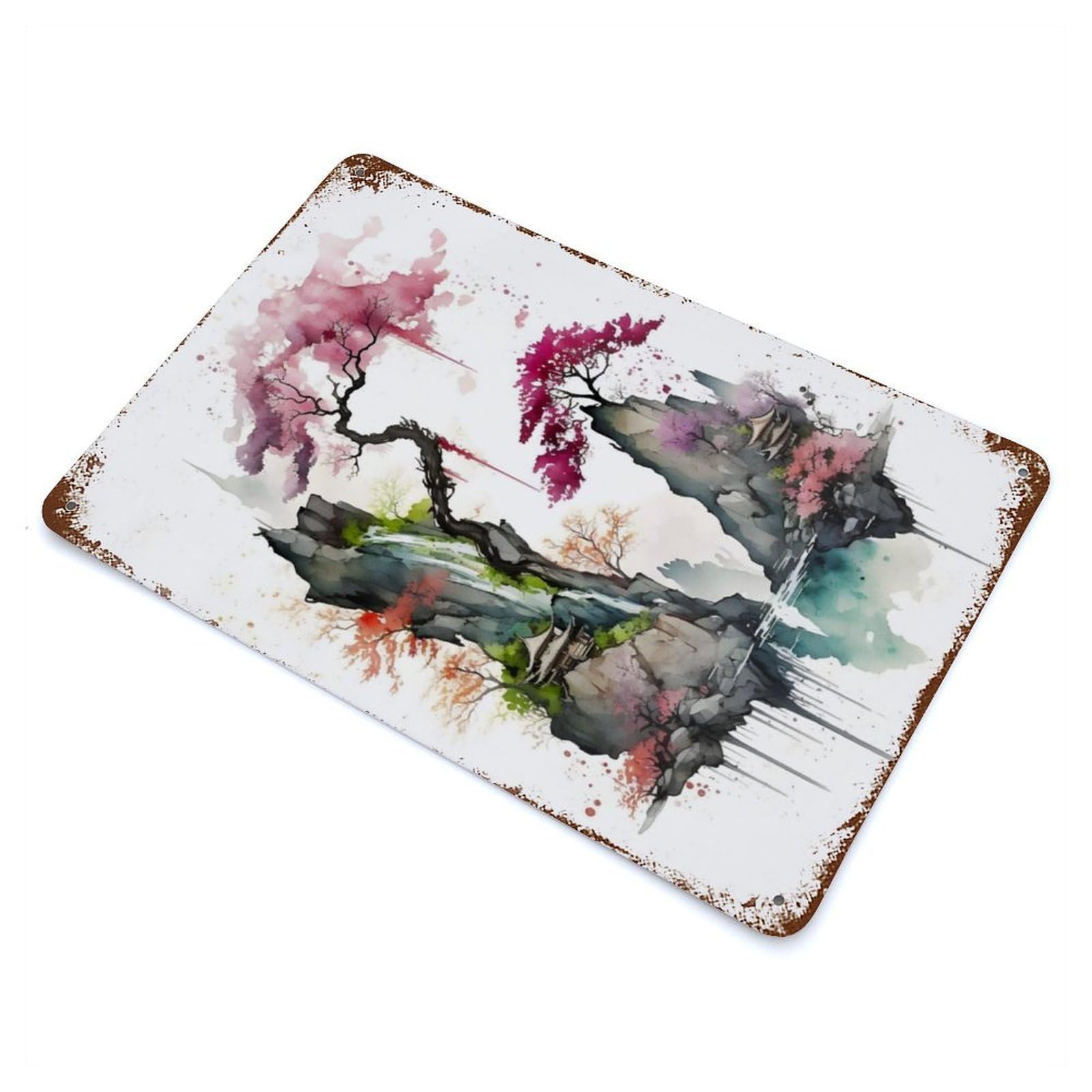 Distressed Metal Wall Sign with Cherry Blossom 23 Design 11.8"x7.9", for Office, Studio And Wall Decor, Industrial Home Decor