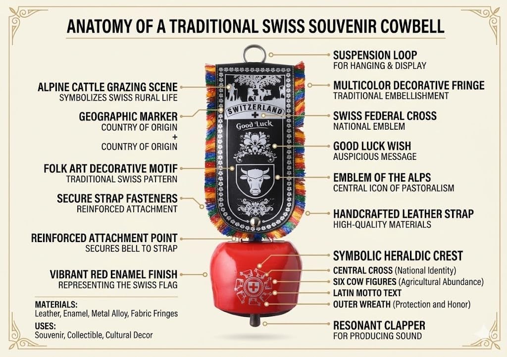 Swiss Cow Bell 35 cm (13.8 in) Large Decorative Door Hanging – Traditional Switzerland Cowbell with Colorful Fringe, “Good Luck” Swiss Souvenir, Wall & Balcony Decor Gift image 5