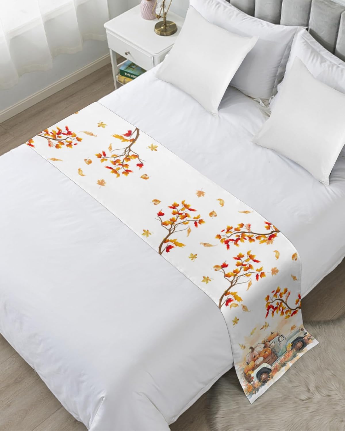 Bed Runner Scarf, Thanksgiving Pumpkin Truck Fall Maple Leaves King Bed Bedding Scarves Cover Decorative Bed Scarf for Home Hotel Guesthouse Bedroom Wedding Room Guestrooms 94"x20"
