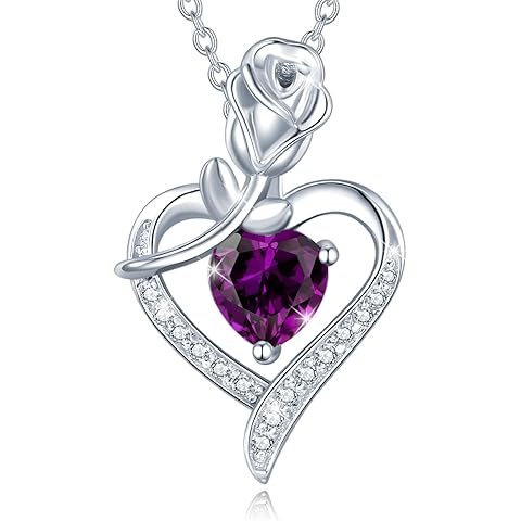 AGVANA Rosy Reverie Birthstone Necklace for Women Sterling Silver Genuine or Created Gemstone Rose Flower Heart Pendant Necklace Anniversary Birthday Gifts for Women Mom Wife Her