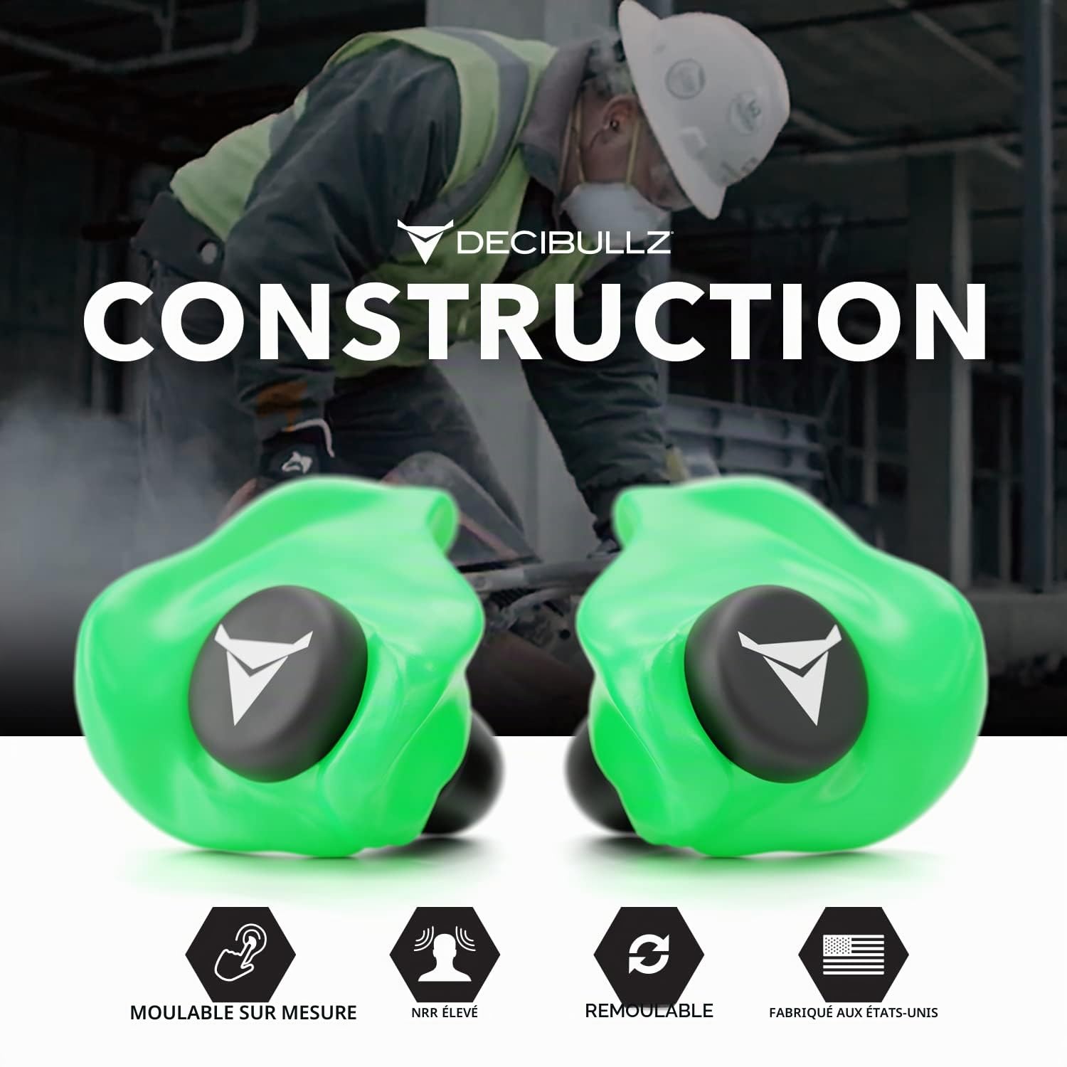 Decibullz - Bouchons d'oreille moulés sur mesure, 31 dB le plus élevé, protection auditive confortable pour le tir, les voyages, le travail et les concerts (vert)
