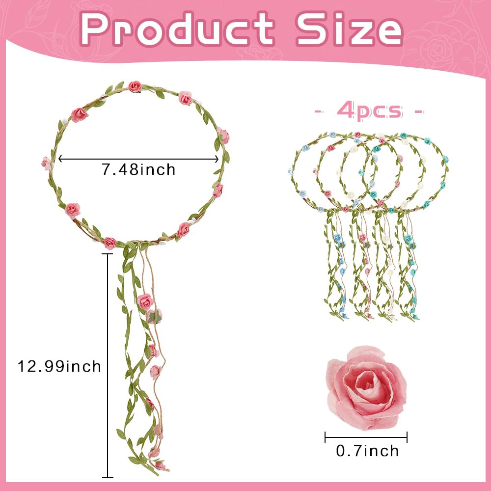 Flower Headband,4pcs Flower Crown Headband,Floral Headbands For Women,Festival Headbands,Floral Hair Wreath,For Women Wedding Festival Party(4 Colors-White,Blue,Light Blue,Pink) - Image 2