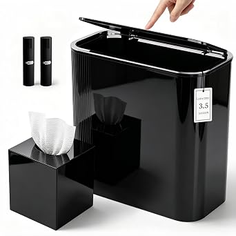 BSSN Wastebasket and Tissue Box Cover Set, 3.5 Gal Black Bathroom Trash Can with Lid, Square Tissue Box Holder, Press Top Lid Garbage Can with 2 Rolls Bags, Slim Trash Bin for Bedroom, Living Room