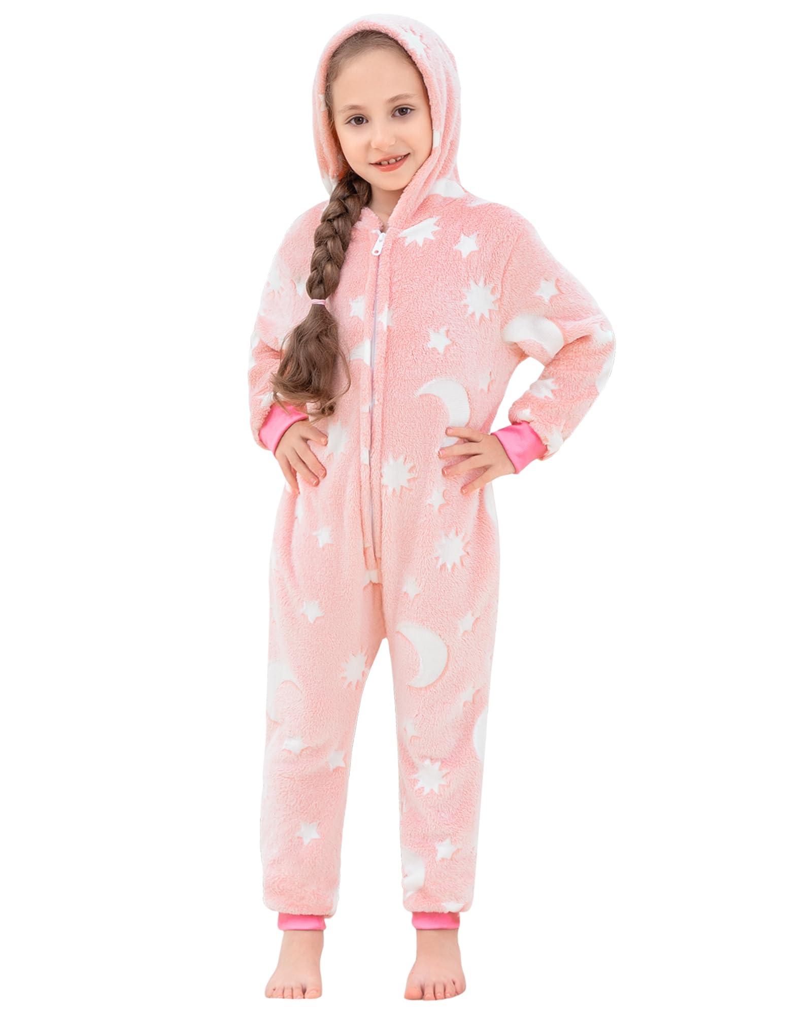 KAKU NANU Pyjama Une-Pièce Doux Et Chaud avec Capuche pour Fille 3-10 Ans-Fermeture Éclair,Poches 7 Couleurs Disponibles