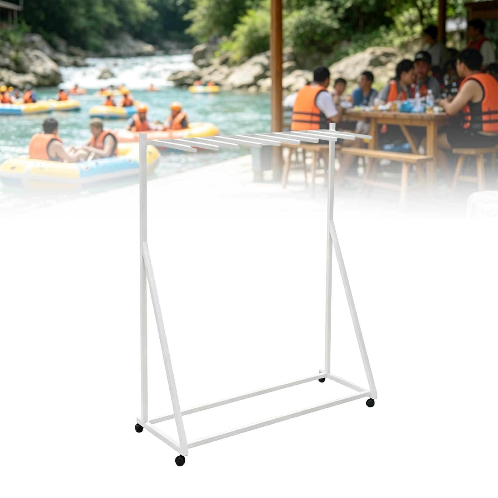 Heavy-Duty Life Vest Holder, Pool Towel Hanger Outdoor with Swivel Wheels, Freestanding Dock Organizer Drying Rack With Metal Frame for Water Parks Rafting Pools(White,145cm)