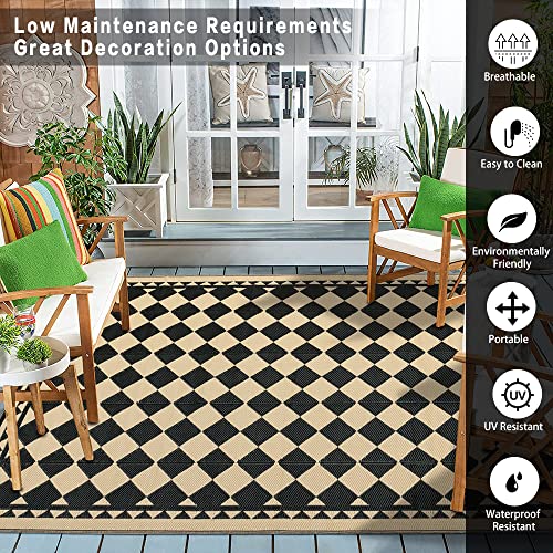 Hugear Outdoor Rug For Patios Clearance,Waterproof Mat,Large Outside Carpet,Reversible Plastic Straw Camping Rugs,Rv,Porch,Deck,Camper,Balcony,Backyard (5X8,Checkered/Black&Beige) #TOP2