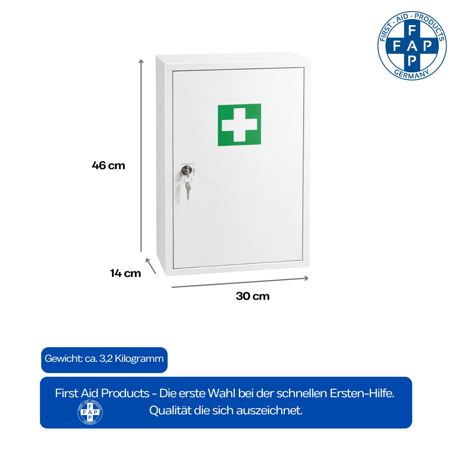 First Aid Products Verbandschrank B - leer - Medizinschrank Metall, 3 Ablageflächen kompakt mit Sicherheitsschloss – Weiß – wandmontierbar, robust & platzsparend – 46 x 30 x 14 cm