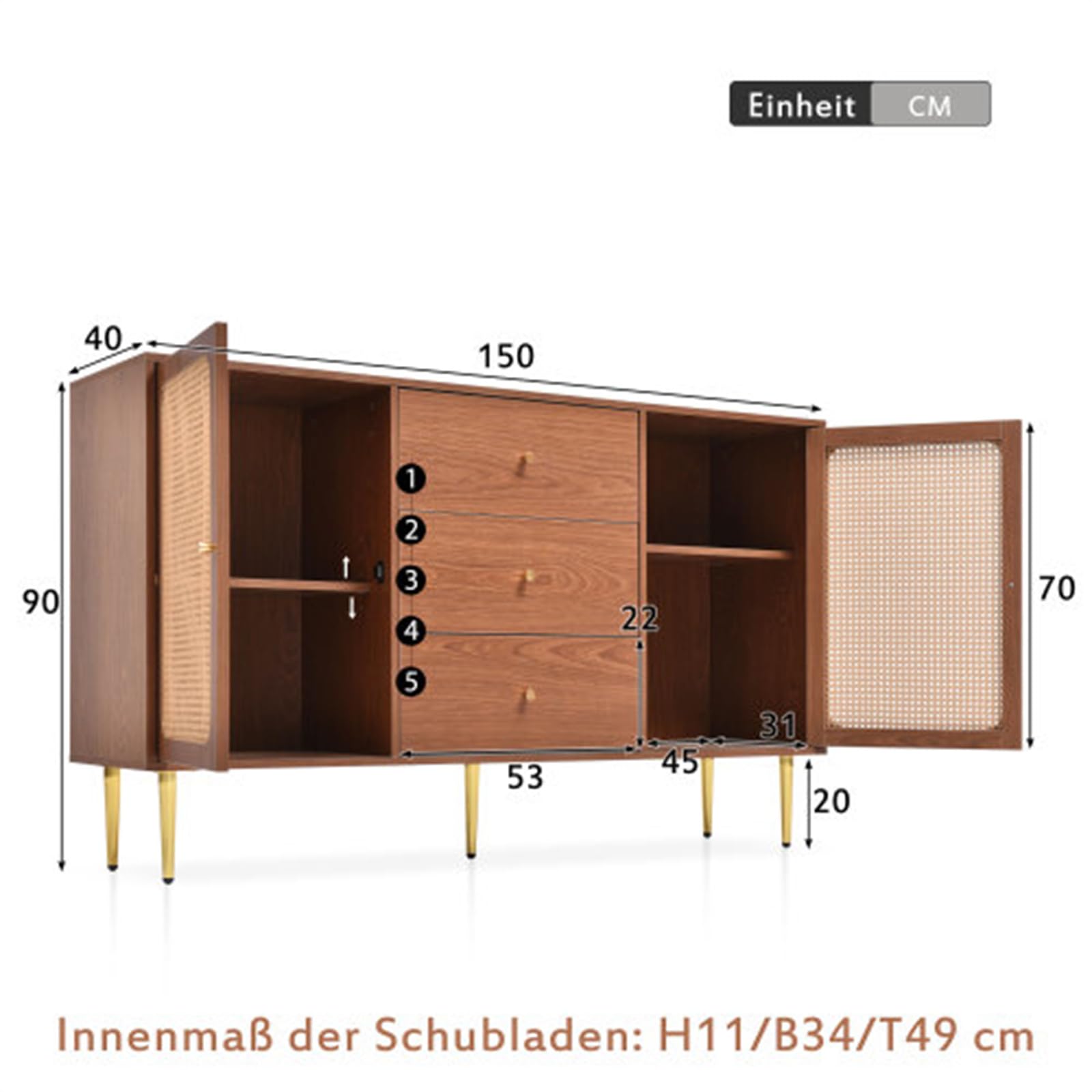 Mobile da ingresso alla moda retrò, mobile ausiliario in legno di rattan con 2 ante e 3 cassetti, ripiano regolabile con credenza con fibbia magnetica sulla porta, facile da montare