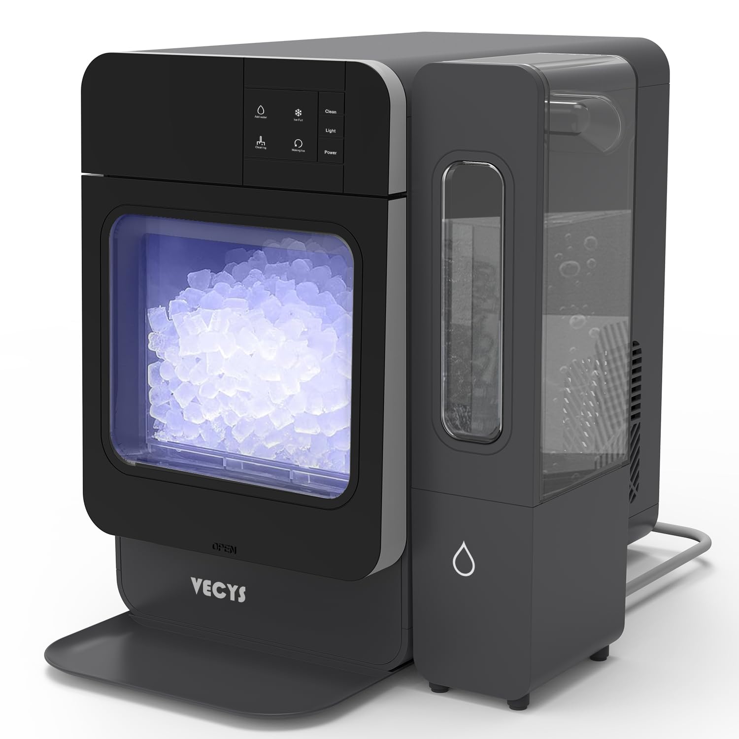 VECYS Countertop Sonic Ice Maker W/Side Tank, 33LBS Daily Ice Making Capacity, Portable Design Nugget Ice Maker Machine with Self-Clean Function, Dark Black