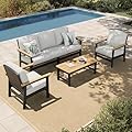 HERA'S HOUSE HDPE Patio Furniture Set, 4-Piece Outdoor Wicker Conversation Couch Set with Thick Cushion, All-Weather Patio Sofa Set for Backyard Garden Deck, Wood Grain Coffee Table
