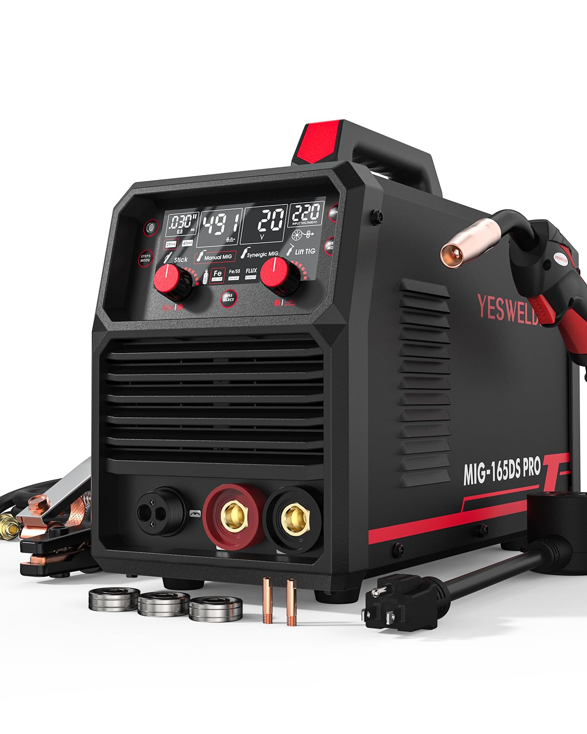 YESWELDER 165A MIG Welder, Flux Core MIG/Gas MIG/Lift TIG/Stick 4 in 1 Multi-process Welding Machine, LED Digital Display Synergic Control 110V/220V Dual Voltage MIG-165DS PRO