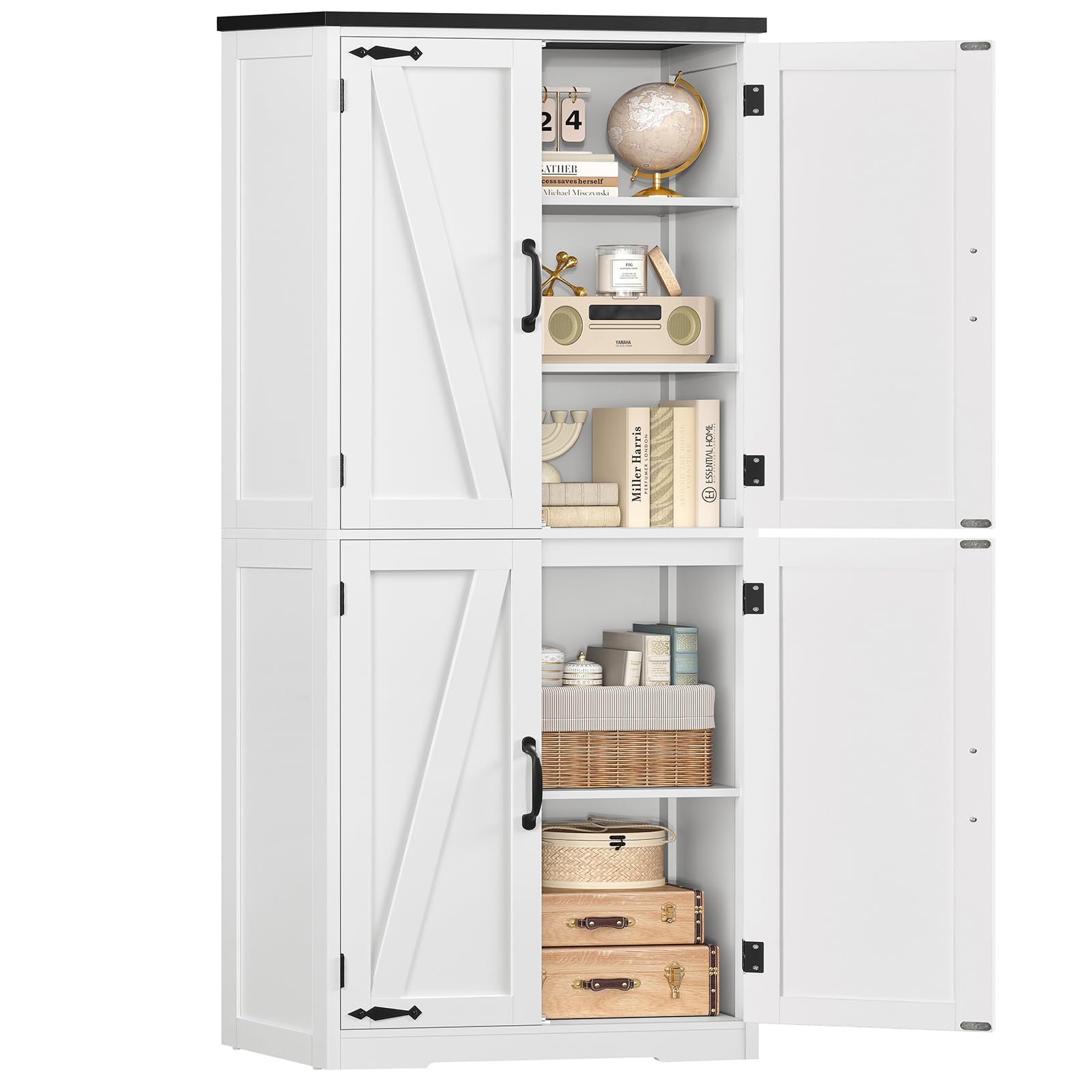 TEENFON Farmhouse Storage Cabinet with 2 Adjustable Shelves, Pantry Cabinet with 4 Barn Doors, Bathroom Cabinet, Cupboard for Kitchen, Living Room, Entryway, White